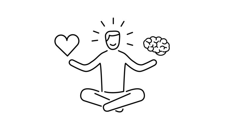 Stilisierte Zeichnung einer Person in meditativer Pose mit Symbolen für Herz und Gehirn, die emotionale Intelligenz und kognitive Fähigkeiten darstellen.